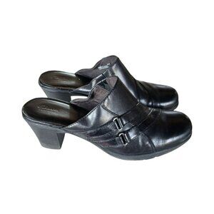 CLARKS Bendables Black Leather Slip-On Mules Block Heel Size 9.5 80420